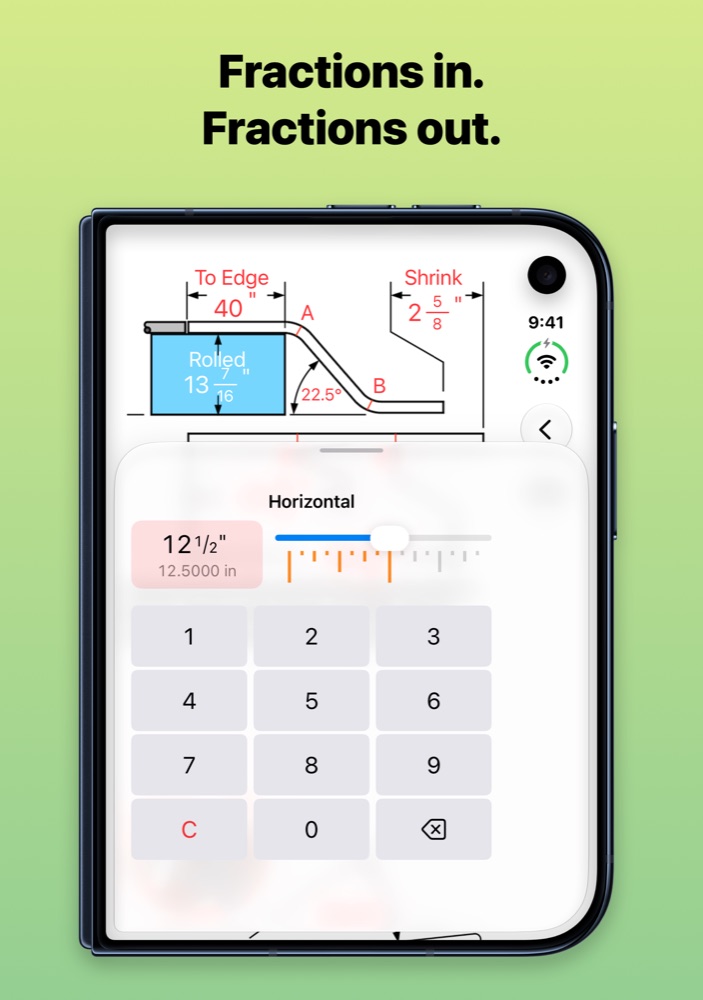 iBend Pipe on iPhone Duo: inch-and-fraction keypad over an offset calculation