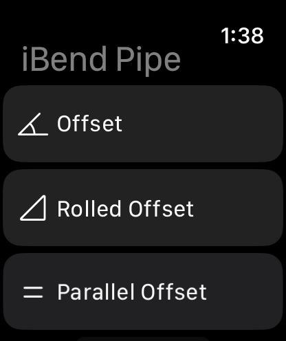 iBend Pipe on Apple Watch: menu with Offset, Rolled Offset and Parallel Offset