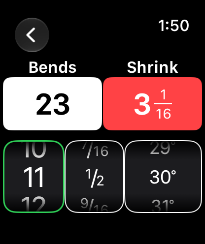 Offset on Apple Watch: 23 inch bends, 3 1/16 inch shrink